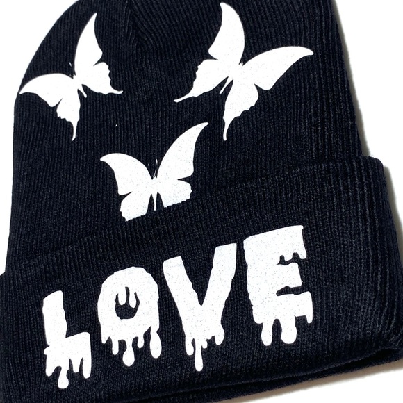 Winter Skully Beanie Hat With Love and Butterflies - Picture 6 of 7